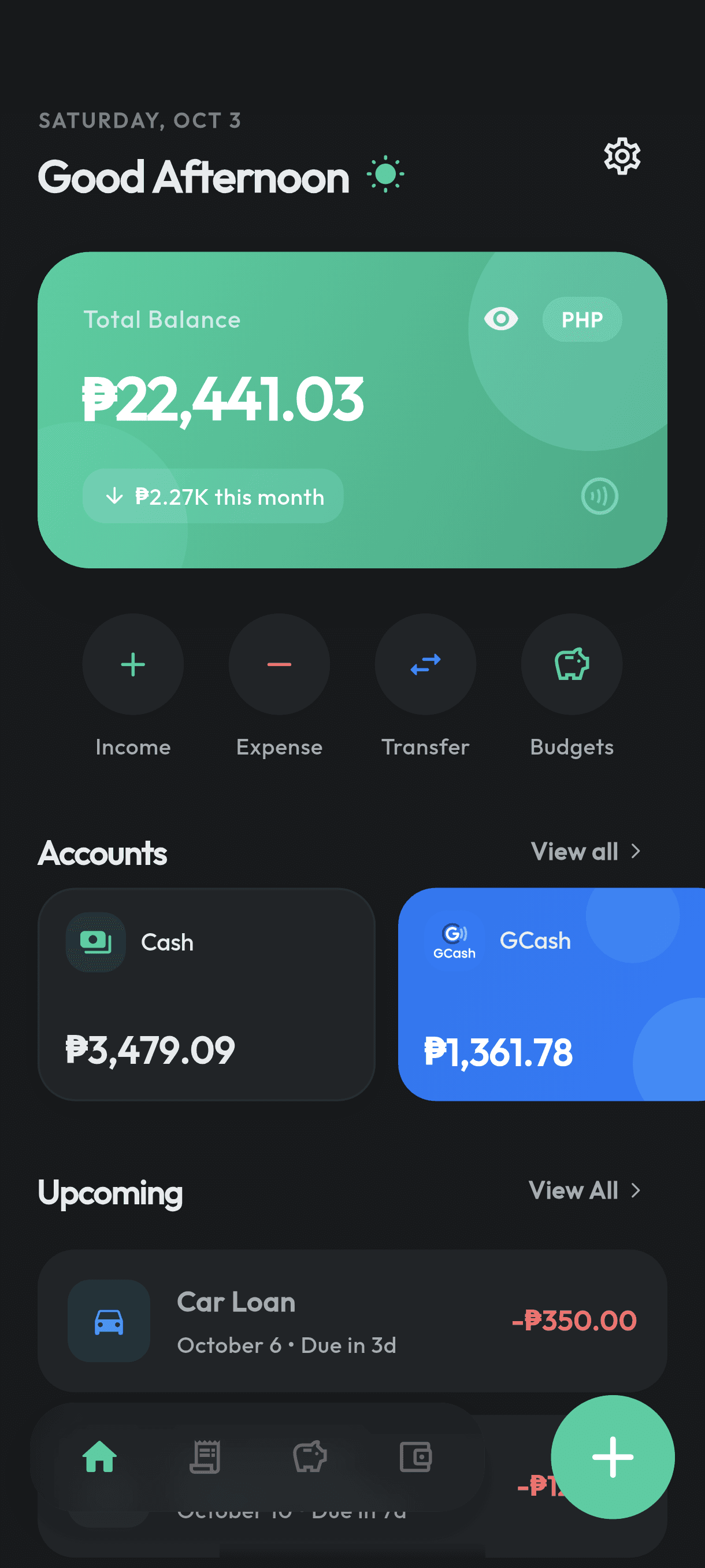 Koin home screen with balance and spending overview