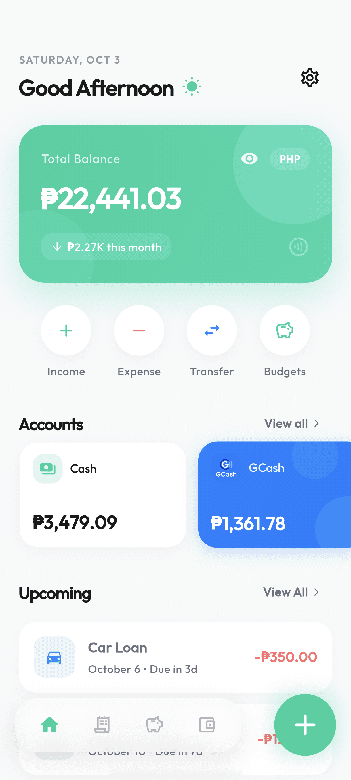 Koin home screen with balance and spending overview